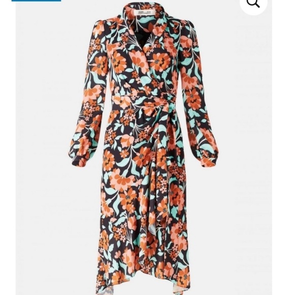Diane Von Furstenberg Dresses & Skirts - Diane Von Furstenberg Floral Wrap Dress - Black, Orange, Green